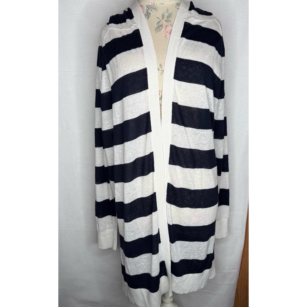 LOFT Navy White Striped Hooded Cardigan Duster Sweater Womens Large Linen NWT